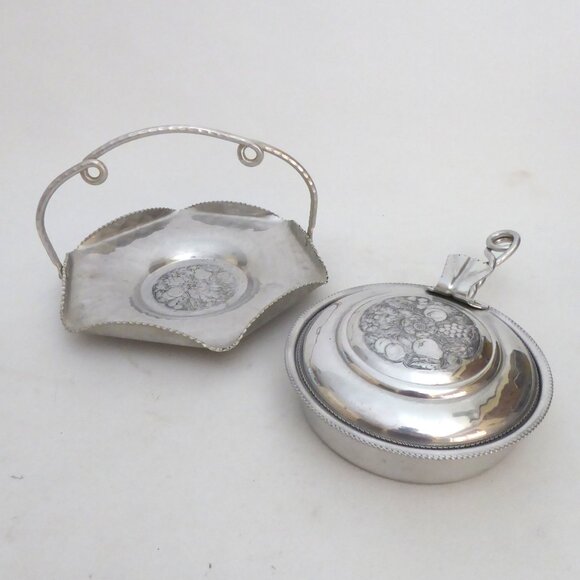 VINTAGE CROMWELL ALUMINUM HAND WROUGHT FRUIT FLOWERS PATTERN DISH BUTLER SET - Picture 2 of 15